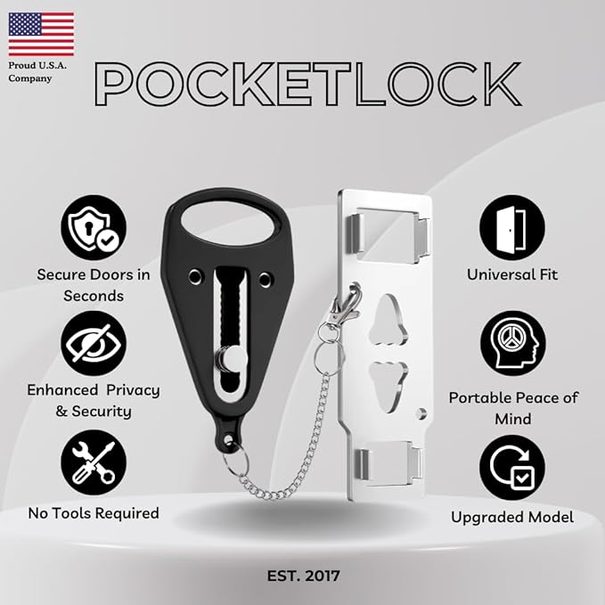 Portable Door Lock for Travel – Hotel Door Locks for Travelers Security – Door Safety Lock from Inside for Home & Apartment – Travel Locks for Hotel Rooms – (Black)