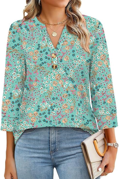 OFEEFAN Womens Tops 3/4 Sleeve Henley Shirts for Women Summer Outfits Fashion Clothing