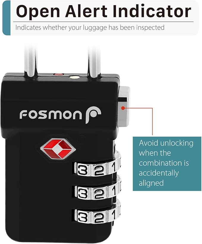 Fosmon TSA Approved Luggage Locks, Suitcase Travel Lock with Push Release Button for Extra Security, 3 Digit Combination Padlock for Gun Case Backpack Zipper Anti Theft Gym Locker - Black