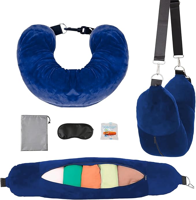 Neck Pillow for Sleeping Travel Stuffed Neck Pillows Storage Bag Adjustable U-Shapes Airplane Pillow with Extra Luggage Soft Car Travel Essentials No Filler Blue