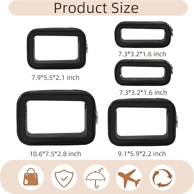 5PCS Diaper Bag Organizer Pouch Set，Clear Organizer Bags,TSA Approved Toiletry Bag,Clear Waterproof Cosmetic Bags with Zipper,Purse Organizer Pouches,Travel Organizer Bags for Woman and Kids,Black