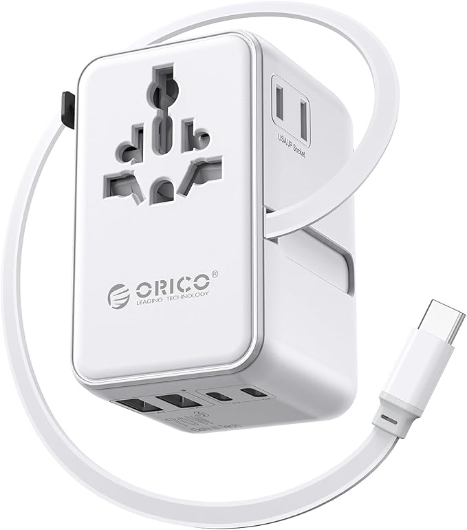 ORICO Universal Travel Adapter 70W GaN International Power Adapter with 2 AC, 3 USB-C and 2 USB-A Ports, Built-in Retractable USB-C Cable, European Travel Plug Adapter for Eu US UK AU & 200+ Countries