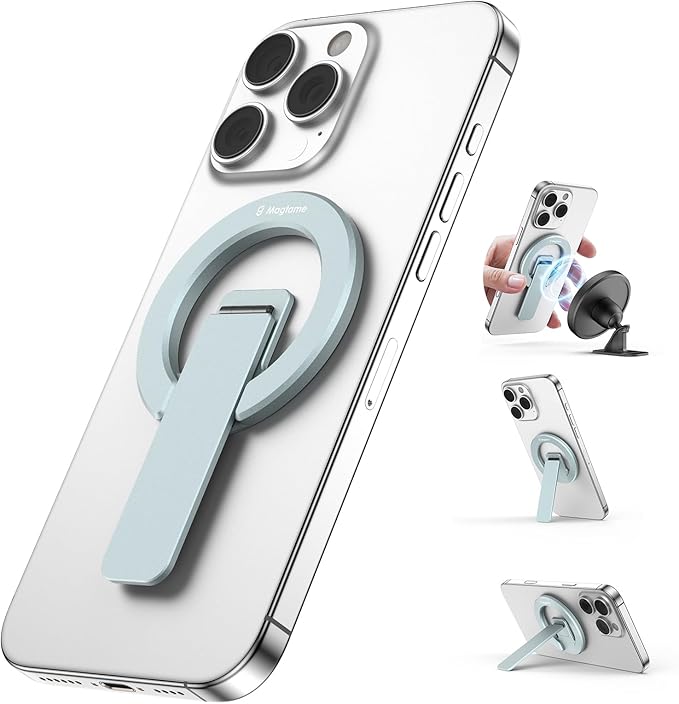 Magtame Double-Sided Magnetic Phone Stand Grip, Strong Magnetic Kickstand Desk Holder for Mag&Safe and Smartphone, Foldable Adjustable Design, Blue