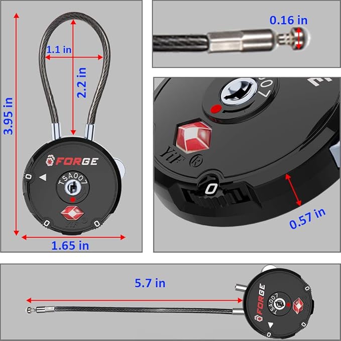 Forge Quality TSA Approved Luggage Locks for Travel Accessories, Suitcase, Pelican case, Ammo Boxes, Set Your own Combination, Zinc Alloy Body-Cable Black 2 Locks