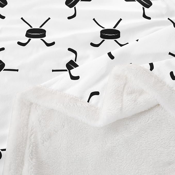 Ice Hockey Kids Throw Blanket,Winter Ball Sports Games Competition Bed Blanket for Girls Boys Adults,Simple Modern Fashion Fleece Blanket,Black White Fuzzy Blanket,Queen Size (90 x 90 Inches)