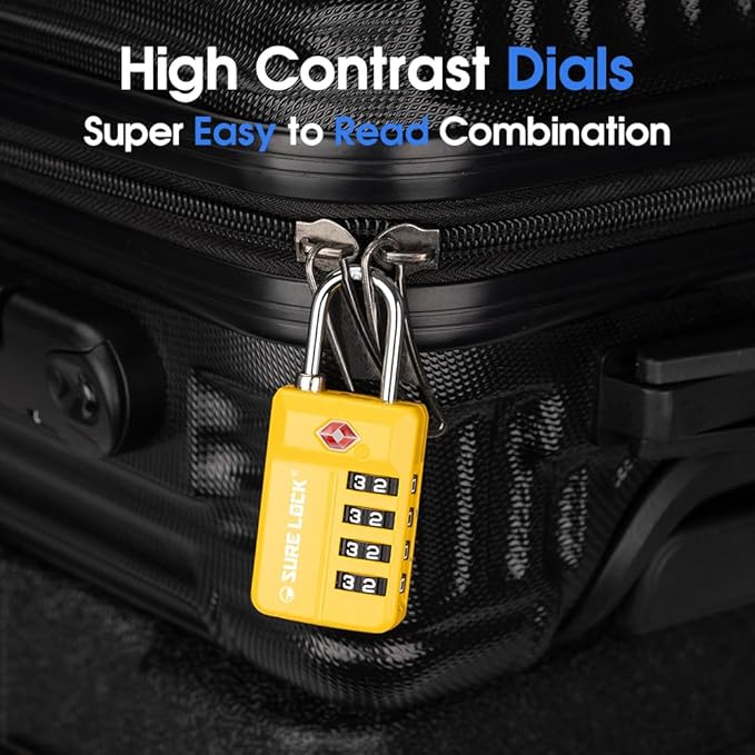SURE LOCK TSA-Approved 4-Digit Resettable Combination Lock with Open Alert, Easy-Read Dials - for Luggage, School Lockers, Gym, Office, Toolbox & Security Cases (Yellow 2 Pack)