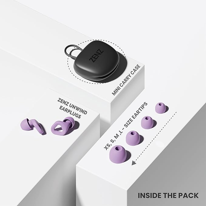 Zenz Unwind Ear Plugs for Sleeping Noise Reduction – Soft Silicone Reusable Earplugs for Sleep, Focus & Work – 28dB Noise Reduction with Storage Case – XS/S/M/L Eartips (Nebula Purple, One Size)