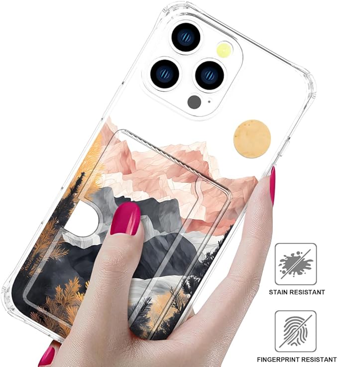 Compatible with iPhone 16 Pro Case Card Holder for Women Cute Design,Wallet Phone Cases Transparent Cool Kawaii Protective (Clear Mountain Hill Landscape)