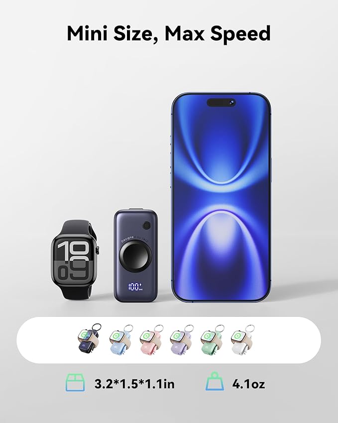 INIU 3-in-1 Portable Charger, 5000mAh Power Bank with Watch Charger & Built-in Cable, Compact 20W Fast Charging Battery Pack, Key Chain & Travel Essential for iPhone 16 15, Apple Watch,etc