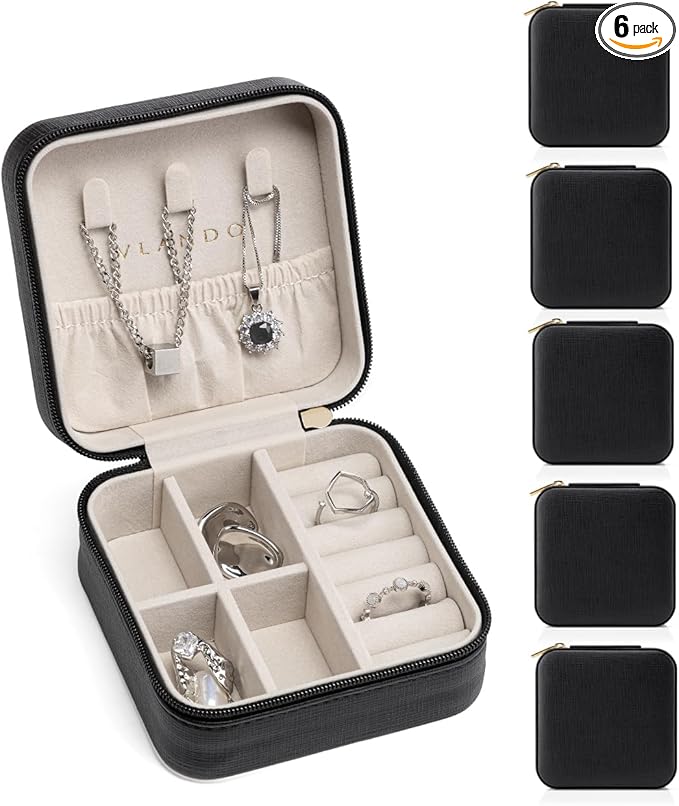 VLANDO Travel Jewelry Case - Teacher Appreciation Gifts for Women - Small Jewelry Travel Organizer Box Travel Essentials Gift for Teen Girl Women - Black*6 pack