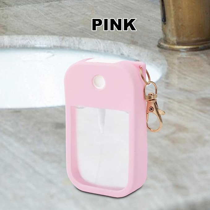 lasuroa Hand Sanitizer Spray Case, Thickened Silicone Case Compatible with Touchland Hand Sanitizer Spray with Keychain for 1 Fl Oz Portable Accessory for Travel (Pink)