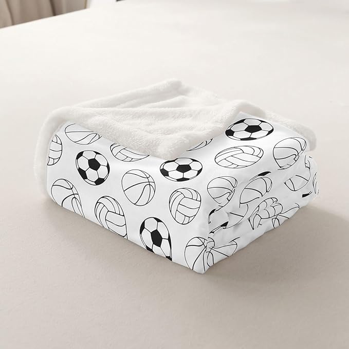 Cartoon Ball Kids Throw Blanket,Basketball Football Volleyball Bed Blanket for Girls Boys Adults,Ball Sports Games Fleece Blanket,Black White Fashion Fuzzy Blanket,40 x 50 Inches
