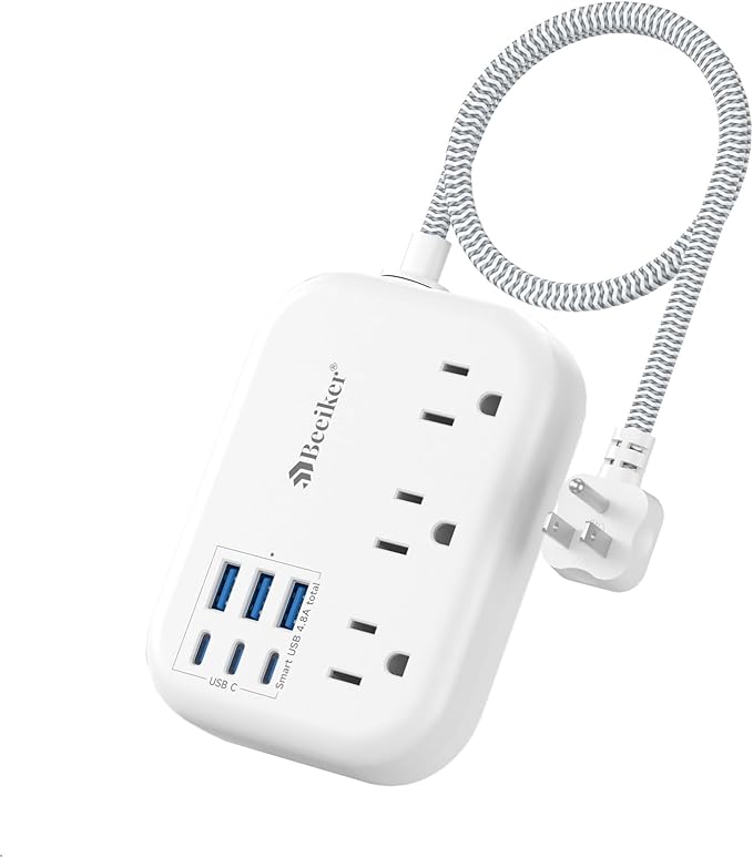 Beeiker Short Extension Cord 1 Ft- 6 USB(3 USB C) Travel Power Strip with 24W USB Charging Station and 3 Outlets, 1Ft Small Flat Plug Extension Cord Surge Protector for Travel Home College Dorm 1625W