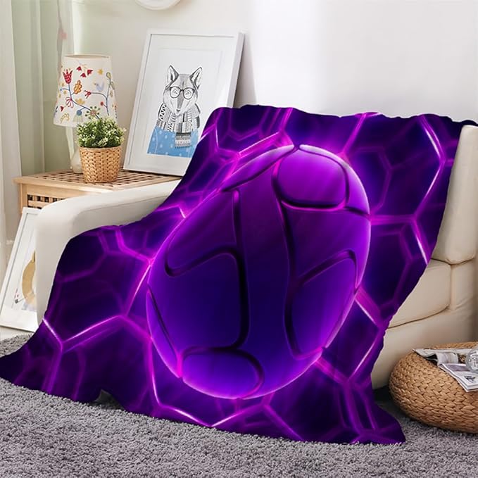 Purple Ball Blanket King Size, Fleece Blanket for Couch Bed Sofa, Honeycomb Hexagon Blankets and Throws, Neon Light Lines Super Soft Cozy Plush Flannel Blanket, 108 x 90 in, Sports Theme