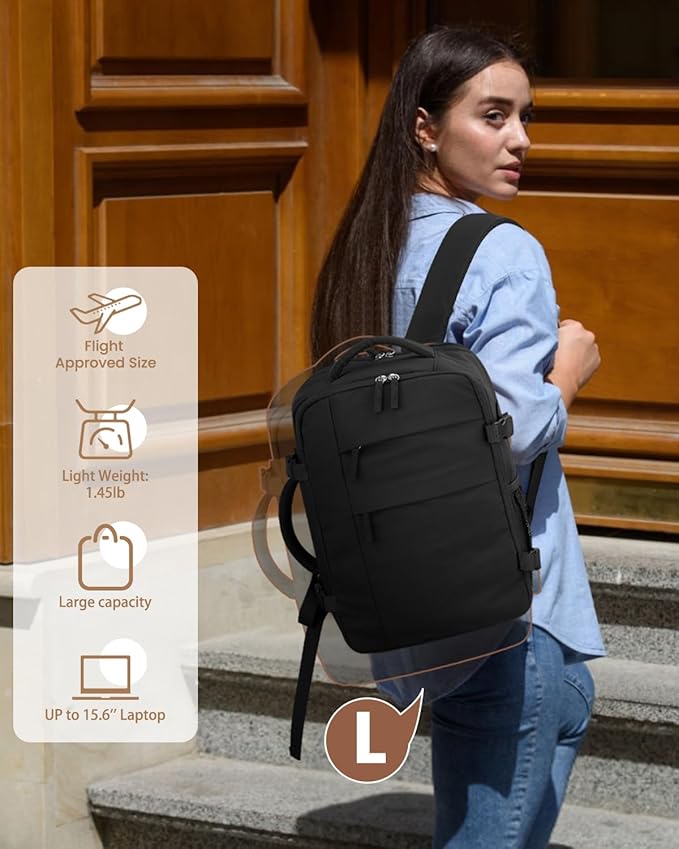 Pritent Travel Backpack for Women Man, Waterproof Laptop Backpack Travel Bag Airline Approved Carry on Weekender Overnight Bag Bookbag for Business,Travel, Work Fits 17.3 inch Laptop(Large,Black)