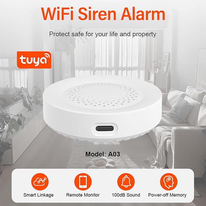 WiFi Siren Alarm: Wireless Burglar Alarm for Home Security and Smart Home Automation, 100dB Sounder, Tuya App Control, No Hub Required, Compatible with Alexa, Google Assistant