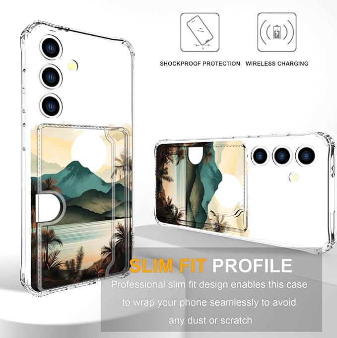 Compatible with Samsung Galaxy S24+ Plus / S25+ Plus Case Card Holder for Women Cute Design,Wallet Phone Cases Transparent Cool Kawaii Protective (Clear Ocean Sun Mountains Sunset)