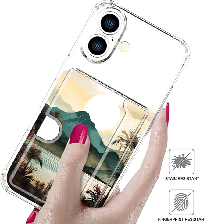 Compatible with iPhone 17 Case Card Holder for Women Cute Design,Wallet Phone Cases Transparent Cool Kawaii Protective (Clear Ocean Sun Mountains Sunset)