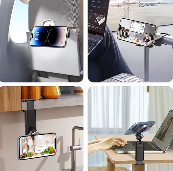 Travel Phone Holder – Clip Mount for Airplane Seat, Luggage Handle & Desk – Universal Foldable Magnetic Stand for iPhone, Car, Rail & Kitchen Use