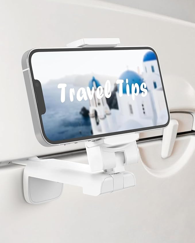 Airplane Travel Essentials Phone Holder, Universal Handsfree Phone Mount for Flying with 360 Degree Rotation, Accessory for Airplane, Travel Must Haves Phone Stand for Desk (White)