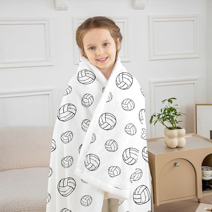 Volleyball Kids Throw Blanket,Ball Sports Games Competition Bed Blanket for Girls Boys Adults,Simple Fashion Cartoon Fleece Blanket,Black White Chic Fuzzy Blanket,Twin Size (60 x 80 Inches)