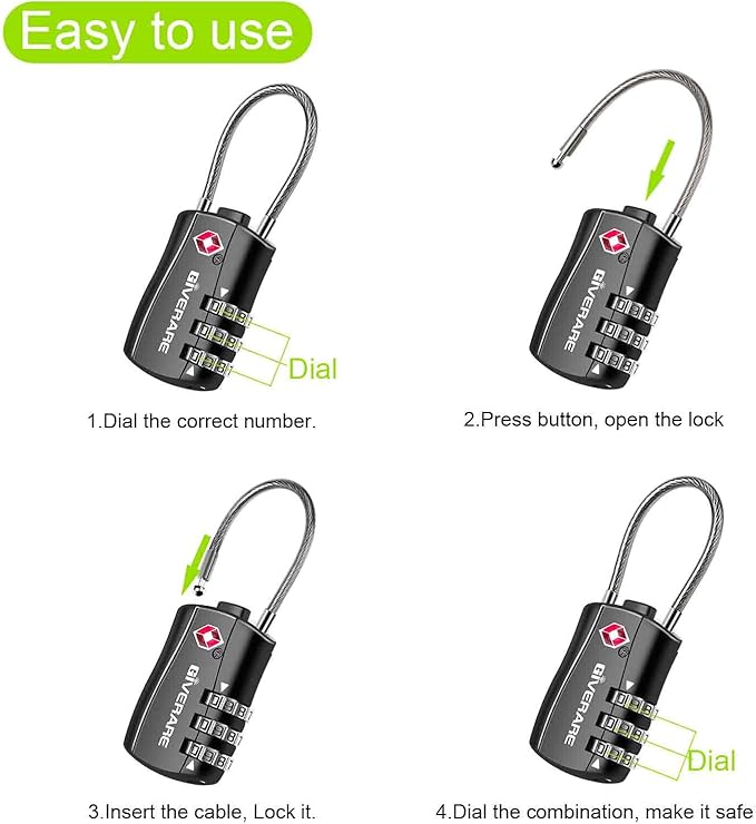 GIVERARE 4 Pack TSA Approved Luggage Locks, Combination Travel Cable Lock, Re-settable 3-Digit Padlocks with Alloy Body, Keyless TSA Padlock for Gym Locker, Golf Bag Case-Black