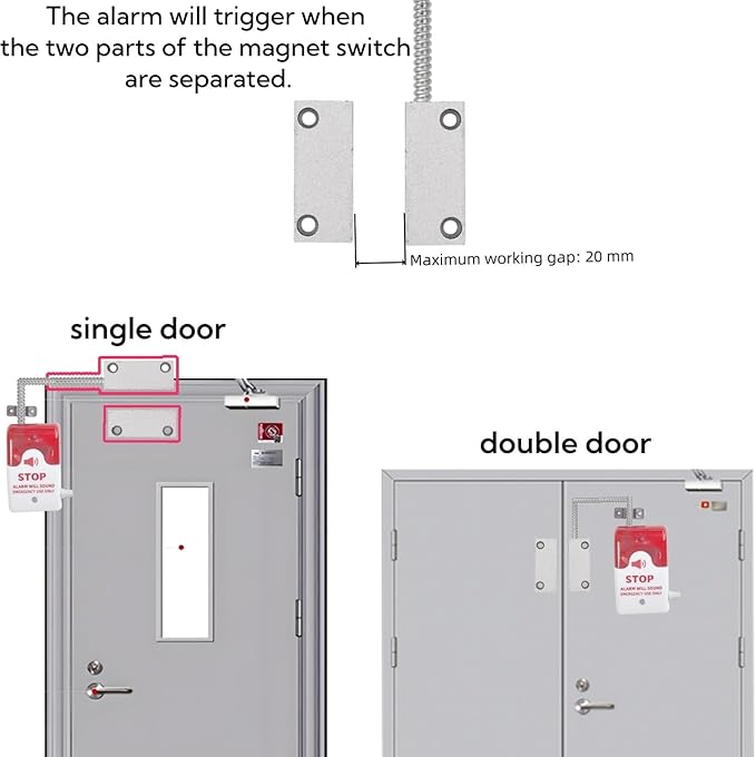 Emergency Door Alarm with Flexible Mount, Door Alarms When Opened, Exit Door Security Stop Alert System, Battery Operated