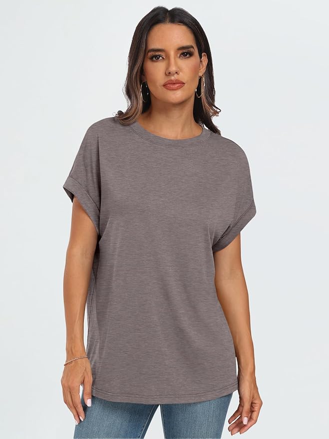 AUTOMET Women's Oversized Short Sleeve T Shirts Casual Drop Shoulder Rolled Cuff Summer Tops for Work, Travel and Lounge