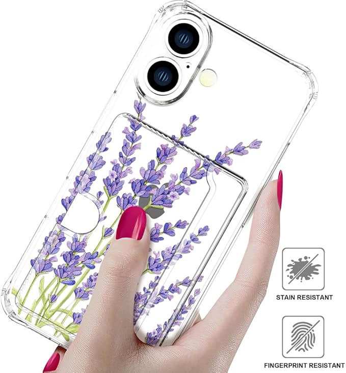 Compatible with iPhone 16 Plus Case Card Holder for Women Cute Design,Wallet Phone Cases Transparent Cool Kawaii Protective (Clear Purple Lavender)