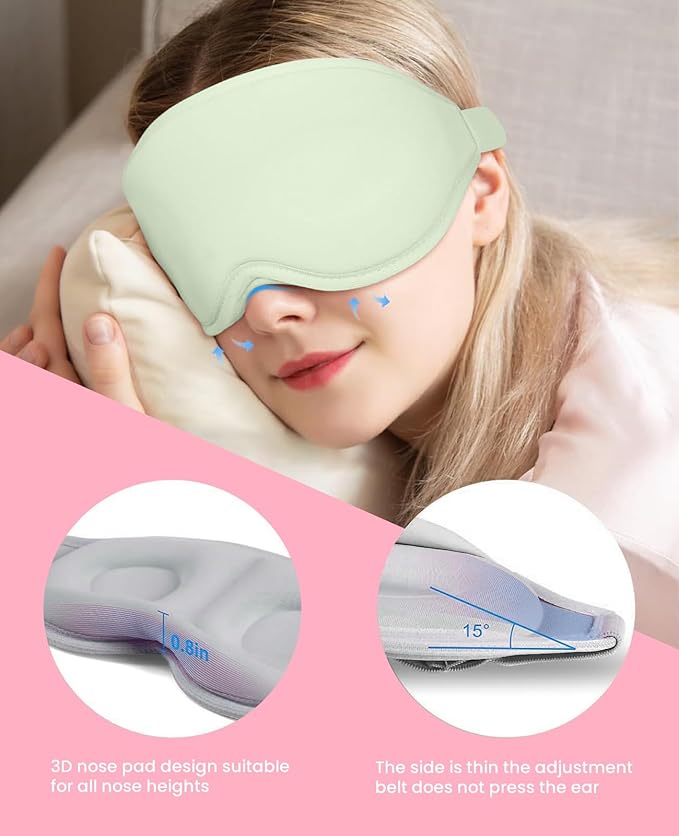 Sleep Mask for Side Sleeper Women Men, Light Blocking Eye Mask for Sleeping, 3D Contoured Cup Sleeping Mask for Zero Eye Pressure, with Adjustable Elastic Strap for Sleep Travel, Cyan