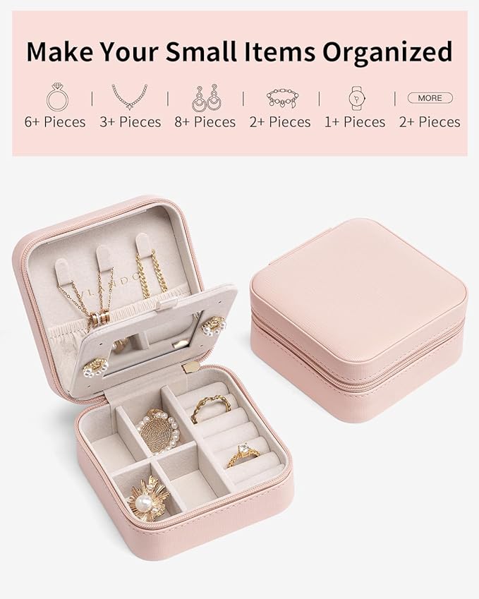 Vlando Valentines Day Gifts for Her- Small Travel Jewelry Box Organizer -Jewelry Display Case for Girls Women Bridesmaid Gift Rings Earrings Necklaces Storage with Mirror Pink
