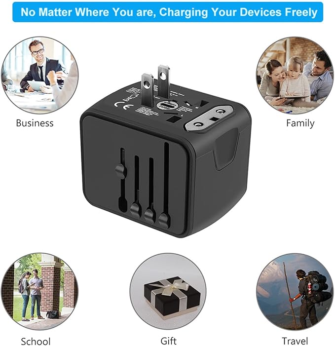 SAUNORCH Universal International Travel Power Adapter W/High Speed 2.4A USB, 3.0A Type-C Wall Charger, European Adapter, Worldwide AC Outlet Plugs Adapters for Europe, UK, US, AU, Asia-Black