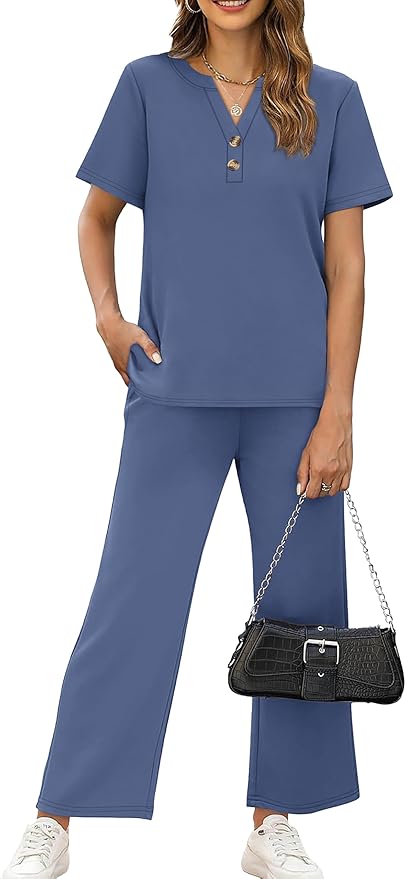 OFEEFAN 2 Piece Sets for Women Spring Fashion Beach Vacation Cruise Outfit Dressy Casual Wide Leg Crop Pants Resort Wear