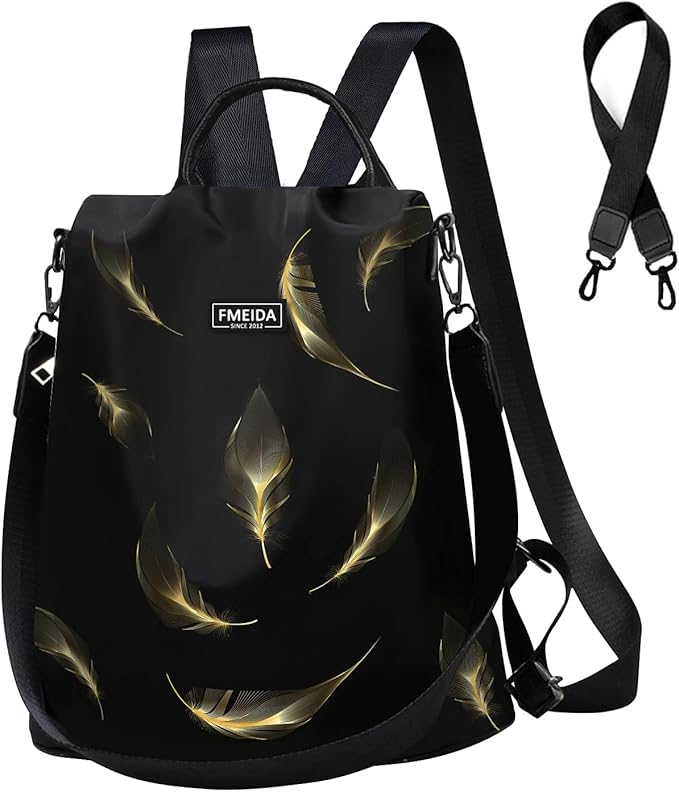 Fmeida Travel Backpack Purse for Women Anti Theft Convertible Backpacks Fashion Waterptoof Nylon Daypack Black Feather