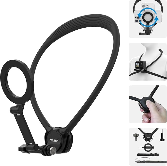 TELESIN Neck Mount Se 2.0 Combo Set, Magnetic Phone Holder for iPhone Android, Chest Strap Hand Free POV Video Phone Stand for iPhone 17 16 15 14 13 12 Samsung Android Action Cameras
