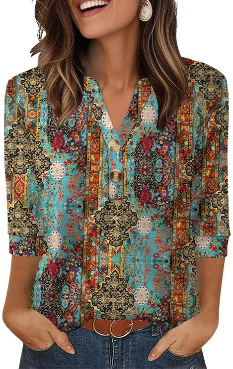OFEEFAN Womens Tops 3/4 Sleeve Henley Shirts for Women Summer Outfits Fashion Clothing