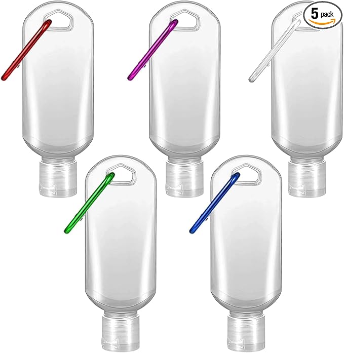5 Pack Refillable Travel Plastic Bottles Containers with Clip Hand Sanitizer Travel Size Holder with Keychain Empty Bottles for Kids and Adult