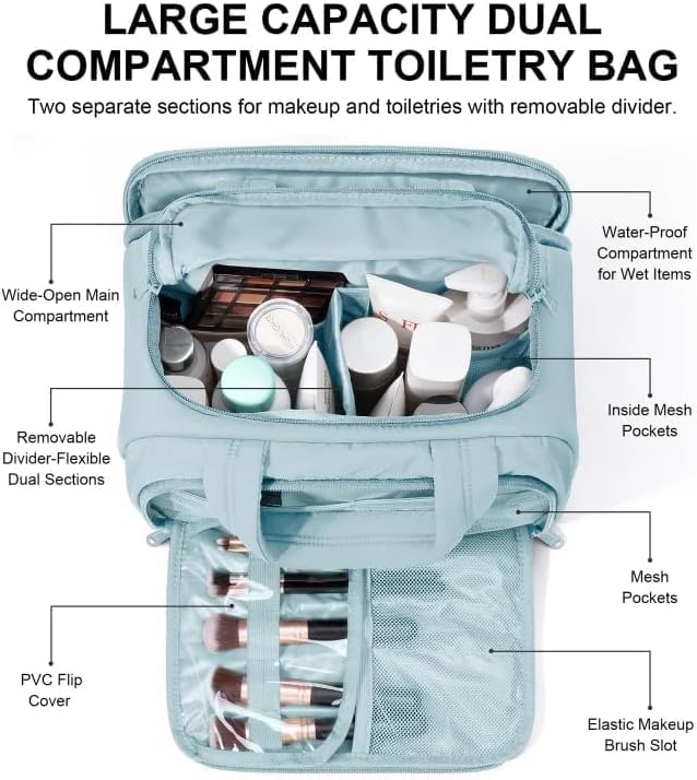 Bagstellar Travel Toiletry Bag for Women, Lightweight Large Quilted Puffy Makeup Bag Wide-open Make up Organizer Cloud Cosmetic Bag w/Handle for Traveling Toiletries Essentials Accessories Light Blue
