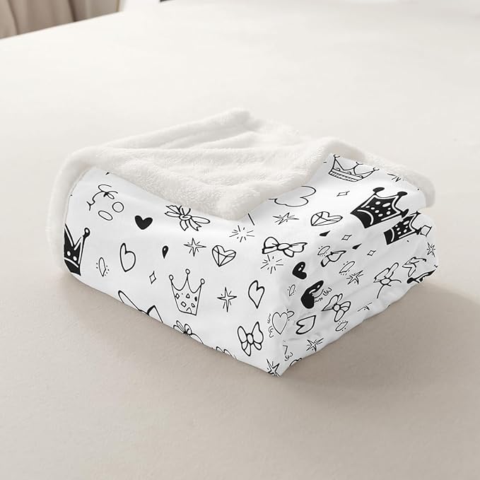 Cartoon Crowns Kids Throw Blanket,Bowknot Diamond Cute Bed Blanket for Girls Boys Adults,Starry Sky Romantic Fleece Blanket,Black White Unique Fuzzy Blanket,Throw Size (50 x 60 Inches)