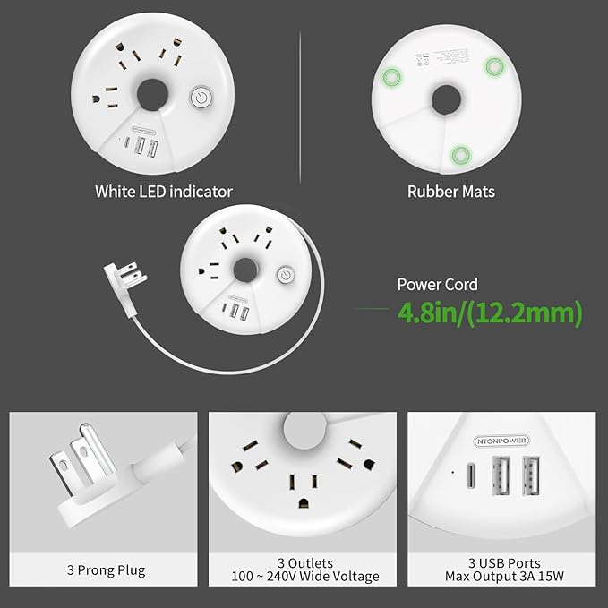 Travel Power Strip, NTONPOWER 3 Outlets 3 USB(1 USB C) Cruise Approved Power Strip, Short Extension Cord 3ft, Travel Essentials for Home, Hotels, Cruise Ship, Vacation, White, i-Donut
