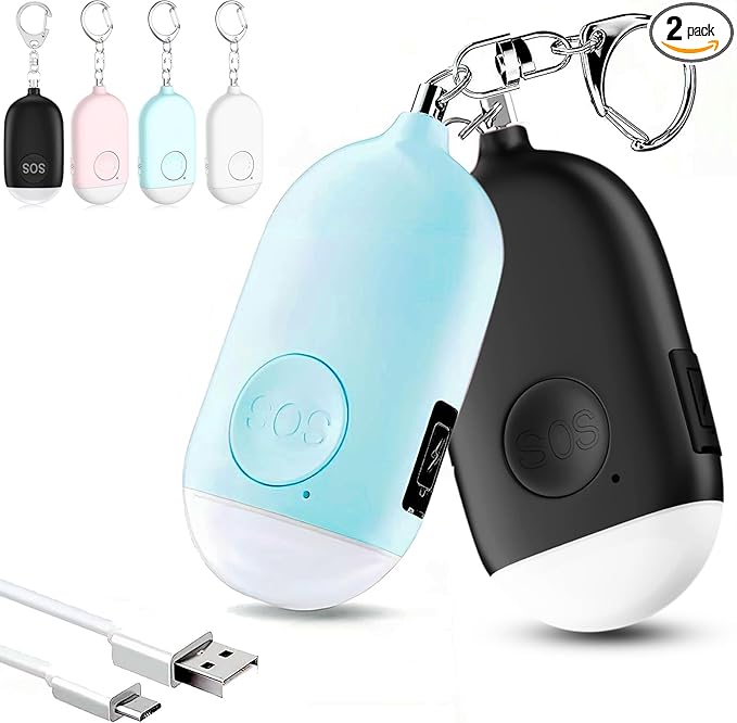 Hion Personal Safety Alarm for Women, 2 Pack Rechargeable 130dB Self Defense Alarm Keychain with LED Flashlight, Emergency Safe Sound Security for Children Elderly, Black+Blue