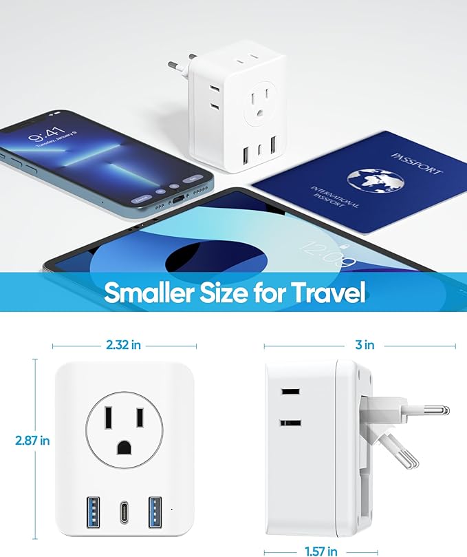 2 Pack European Travel Plug Adapter, Olcorife Foldable International Power Adapter with 4 Outlets 3 USB Ports, Type C Plug Adapter for US to Europe, Italy Spain Iceland France Germany