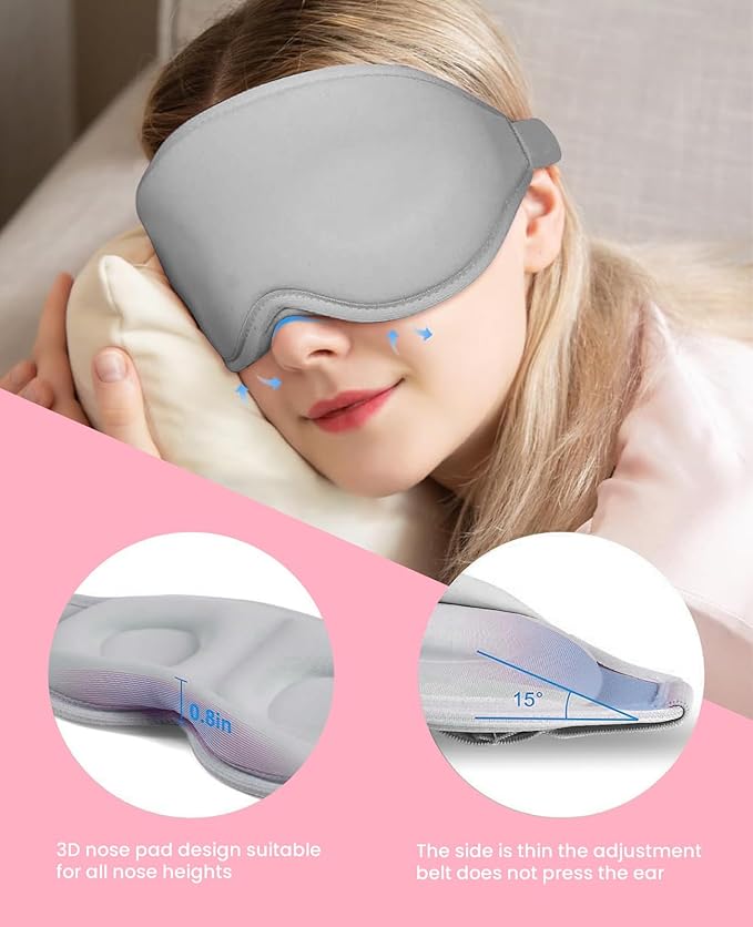 Sleep Mask for Side Sleeper Women Men, Light Blocking Eye Mask for Sleeping, 3D Contoured Cup Sleeping Mask for Zero Eye Pressure, with Adjustable Elastic Strap for Sleep Travel, Grey