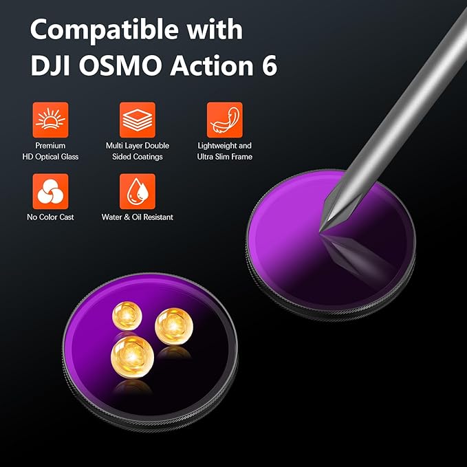 AMAZEAR ND & CPL Filters Set for DJI OSMO Action 6, Action6 Pro Accessories ND16 + ND64 + ND256 + CPL Overlay Lens Filters Kit | 4 Pack | Optical Glass | HD | Oil Resistant | Easy to Use |