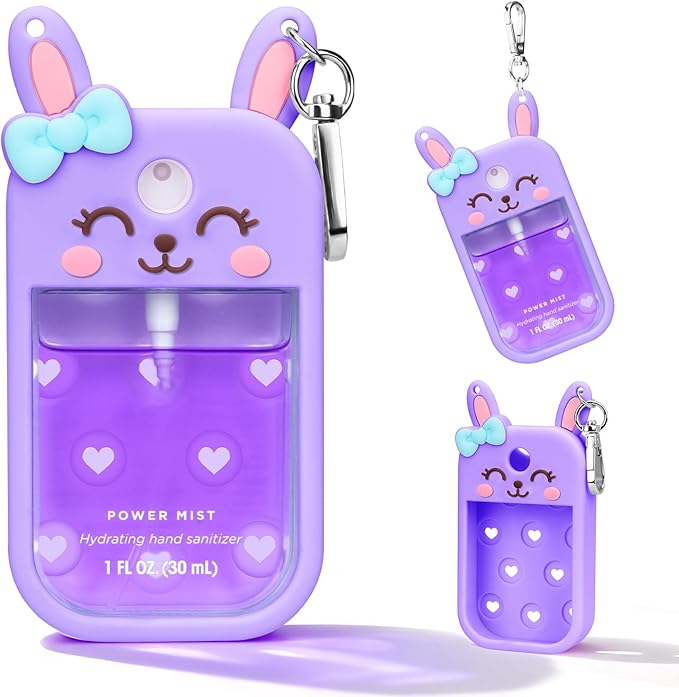 Bunny Silicone Case for Touchland Hand Sanitizer Spray with Keychain Holder, Compatible with Power Mist & Glow Mist 1 FL Oz/30ML for Touchland Case, Easter Cute Travel Cover Sleeve Purple