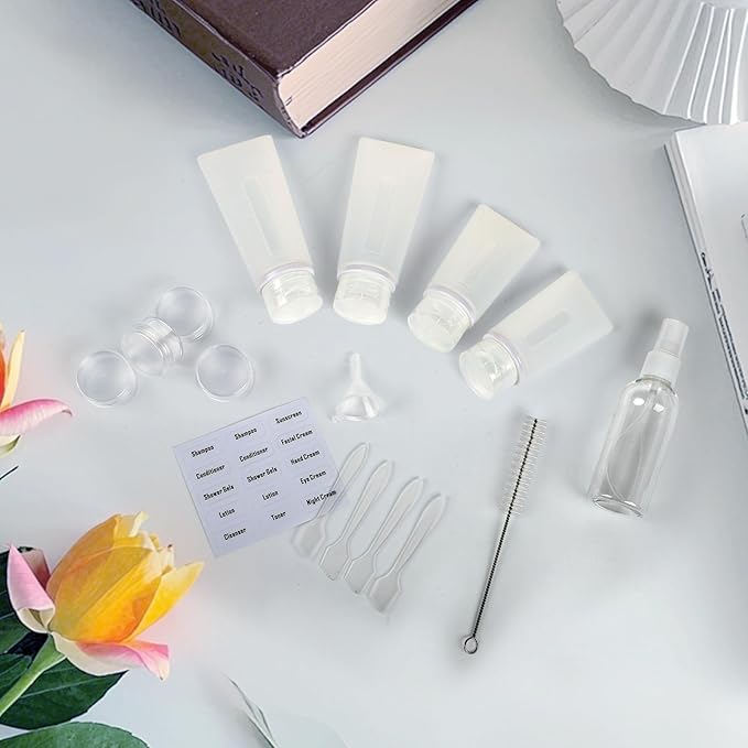 17 Pack Silicone Travel Bottles Kit for Toiletries, TSA Approved Travel Size Portable Refillable Pouch Containers Leak Proof Accessories Essentials Set for Shampoo Conditioner Lotion White