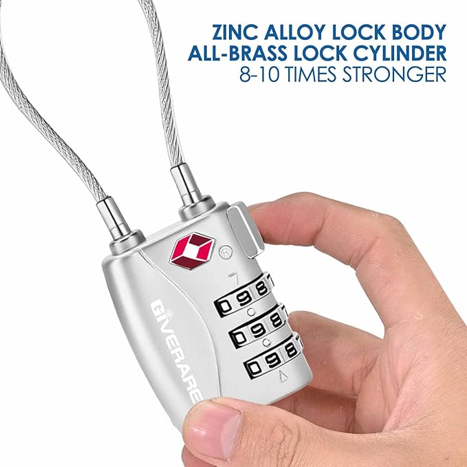 2 Pack TSA Approved Travel Luggage Locks, Long Cable Combination Lock Alloy, Metal Keyless 3-Digit Padlocks, Weatherproof TSA Accepted Padlock for Toolbox Gym Locker Golf Bag Case Backpack-Silver