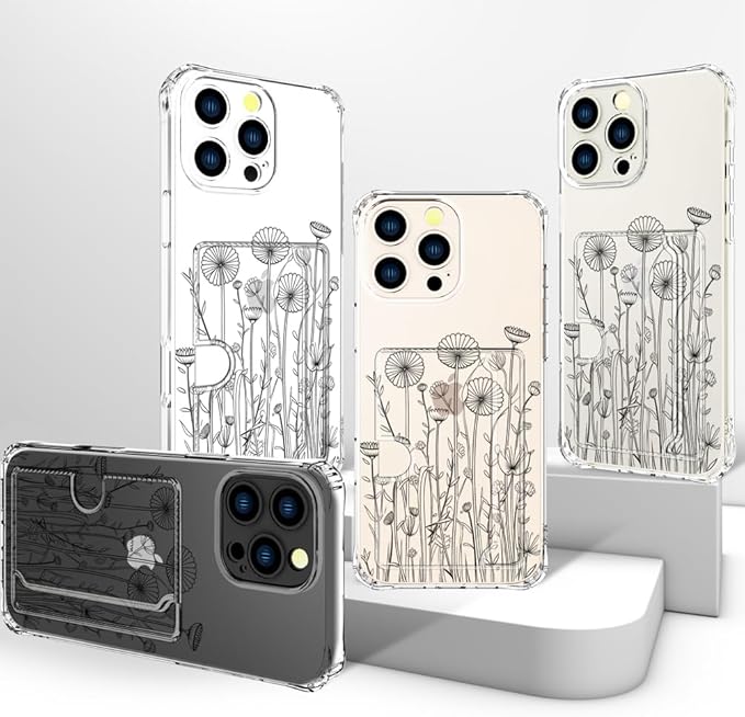 Compatible with iPhone 16 Pro Max Case Card Holder for Women Cute Design,Wallet Phone Cases Transparent Cool Kawaii Protective (Clear Black Flower Bouquet)