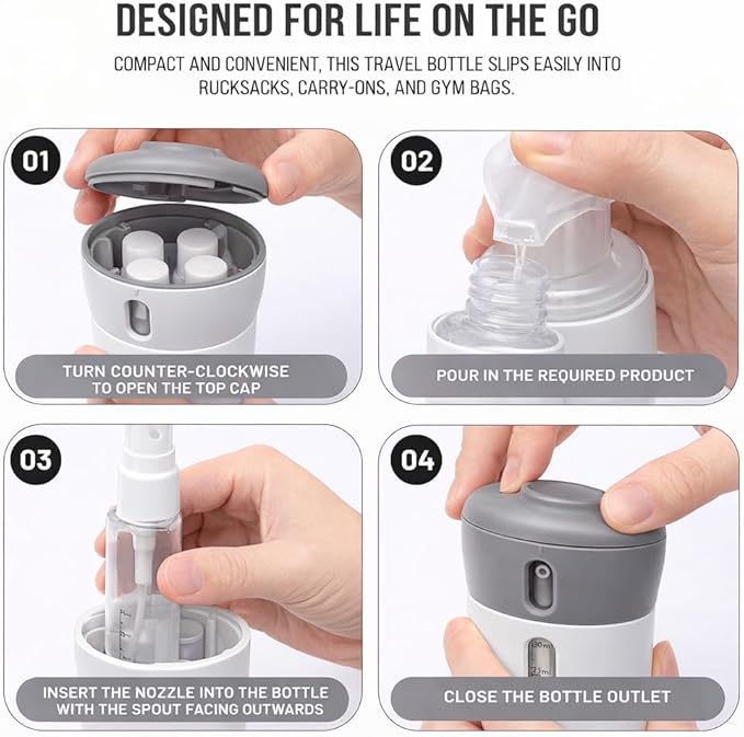 Travigo 4-in-1 Travel Dispenser Bottle Set, TSA Approved, Leak Proof, Reusable 1.4 oz. (40 mL) Toiletry Containers for Shampoo, Conditioner, Soap, Lotion, Skincare (2 Pack, Pink & Gray)