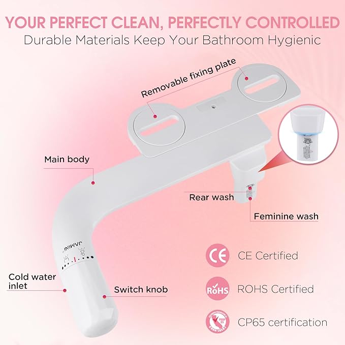 Jamini Ultra-Slim Non-Electric Toilet Bidet Attachment with Dual Nozzles, Rear and Female Front Wash, Single Cold Water with Adjustable Pressure, 0.23" Slim Design, Detachable for Easy Cleaning